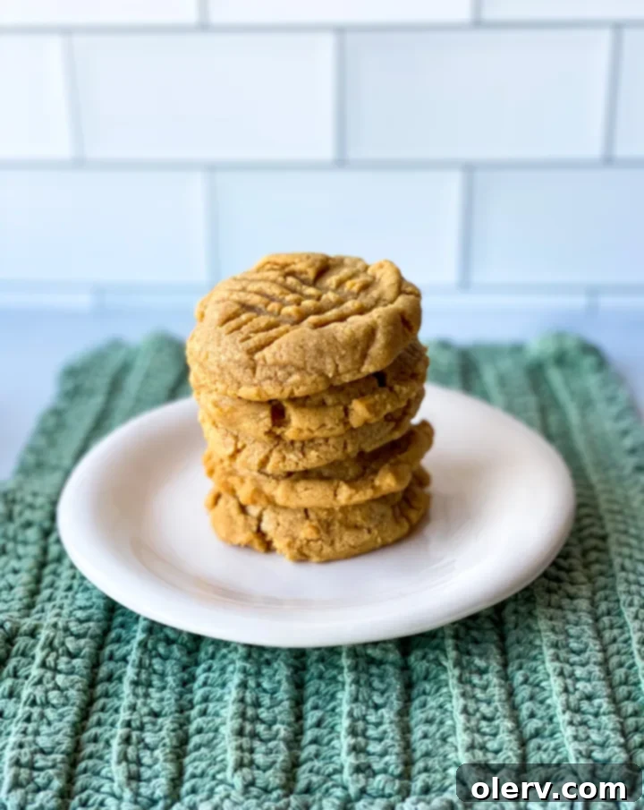 Effortless Three Ingredient Peanut Butter Cookies 6 A stack of perfectly baked 3-ingredient peanut butter cookies, ready to be enjoyed.