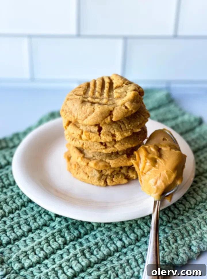 Effortless Three Ingredient Peanut Butter Cookies 7 Delicious 3-ingredient peanut butter cookies with fork marks, featured in the recipe card.