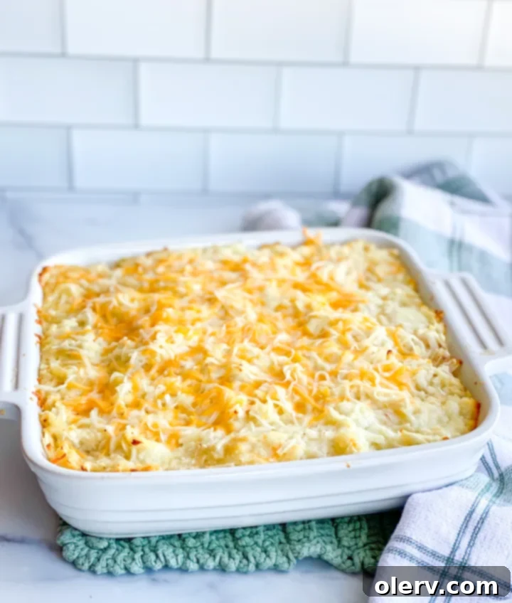 Irresistible Cheesy Potato Gratin 6 Cheesy Potato Casserole with a golden crust, ready to serve.