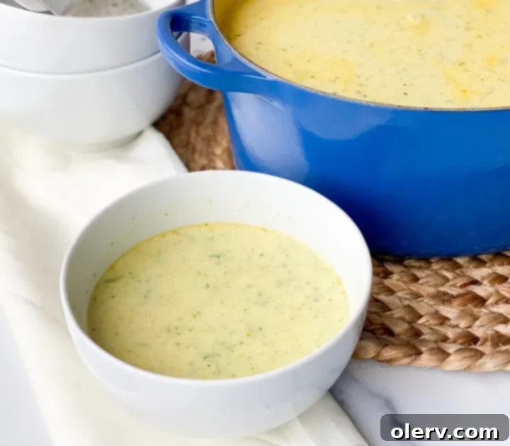 Quick Creamy Broccoli Cheddar Soup 3 Close-up shot of creamy broccoli cheese soup in a beautiful blue Le Creuset Dutch Oven, emphasizing its rich texture and color.