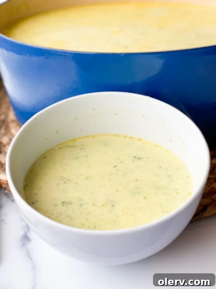 Quick Creamy Broccoli Cheddar Soup 8 A beautifully presented bowl of creamy broccoli cheese soup, garnished and ready to be served, capturing its rich texture.