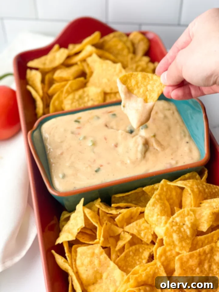 Chipotle Queso Blanco Copycat 2 Creamy Chipotle Queso Blanco served with tortilla chips, ready for dipping.