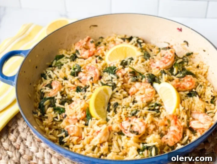 A pan of Easy Lemon Shrimp Scampi cooking on the stovetop, showcasing the shrimp and orzo simmering in a flavorful sauce.