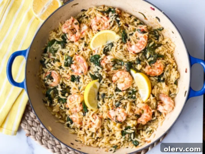 Ingredients for Lemon Shrimp Scampi laid out, including fresh lemons, raw shrimp, orzo pasta, and spinach, ready for preparation.