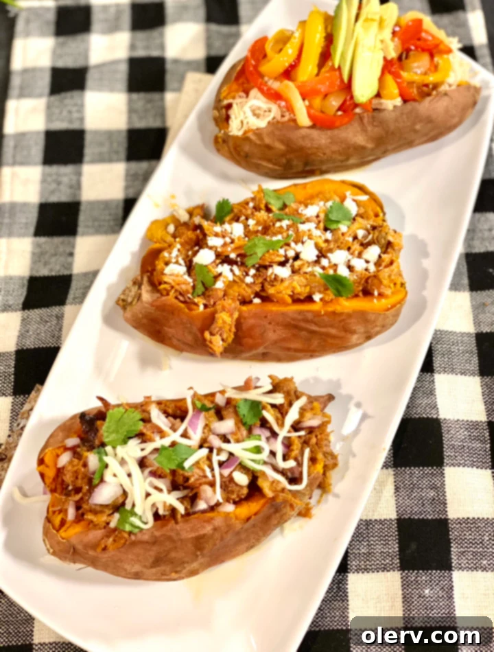 3 Flavorful Stuffed Sweet Potato Recipes 2 Three loaded sweet potatoes: BBQ, Buffalo, and Fajita chicken