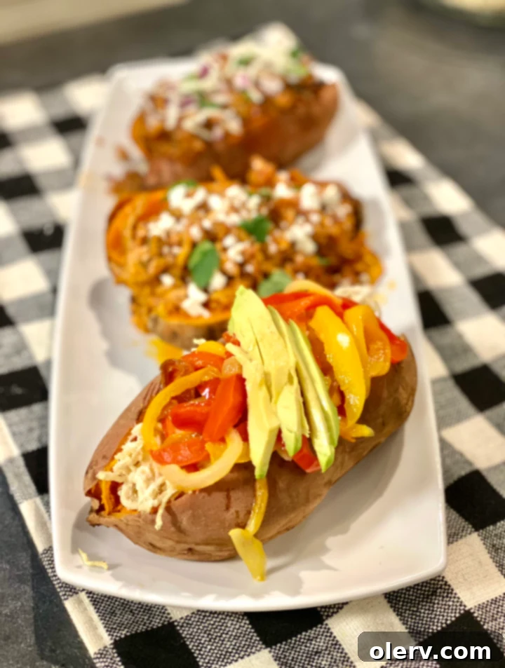 3 Flavorful Stuffed Sweet Potato Recipes 3 Close-up of a loaded BBQ chicken stuffed sweet potato