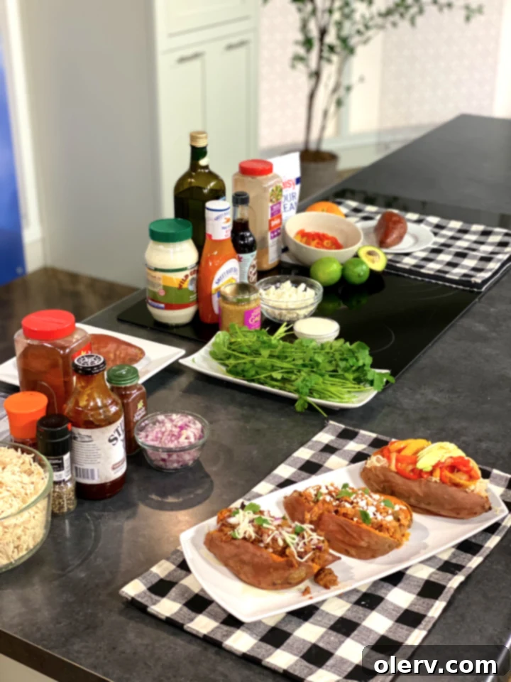 3 Flavorful Stuffed Sweet Potato Recipes 5 Cooked and shredded BBQ chicken ready for stuffing