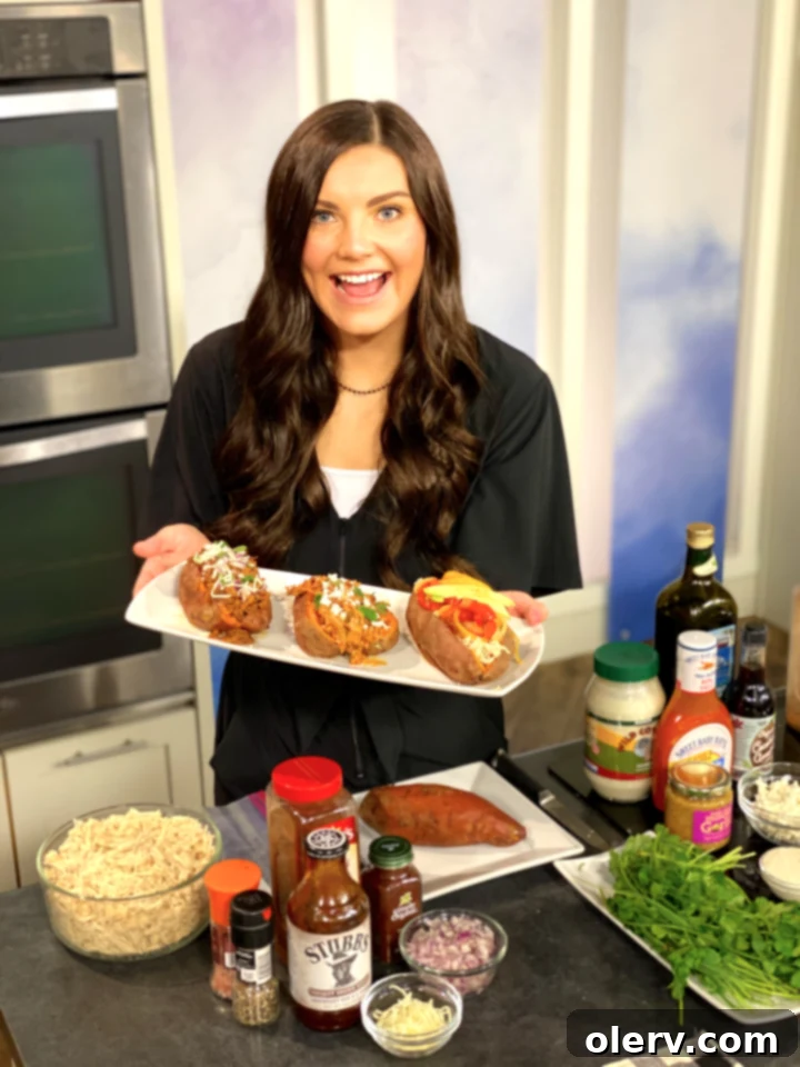 3 Flavorful Stuffed Sweet Potato Recipes 7 Three prepared stuffed sweet potatoes lined up