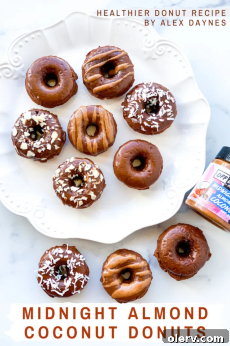 Pinterest save graphic for Midnight Almond Coconut Donuts.