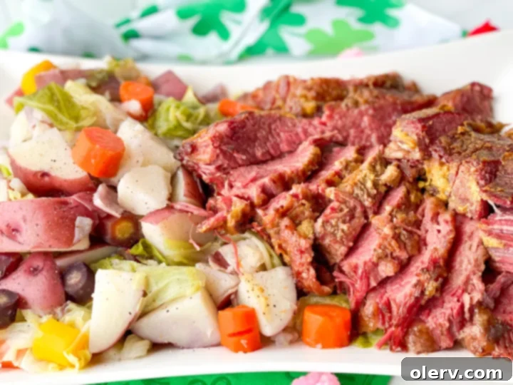 Easy Instant Pot Corned Beef Brisket 3 A close-up of a serving of Instant Pot Corned Beef and Cabbage with a vibrant mix of vegetables