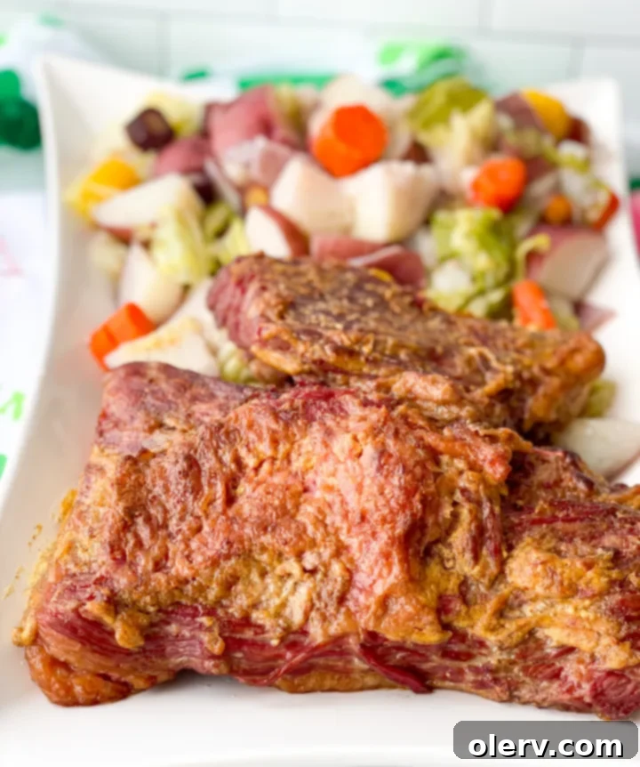 Easy Instant Pot Corned Beef Brisket 6 A beautifully plated dish of Instant Pot Corned Beef and Cabbage, ready for serving