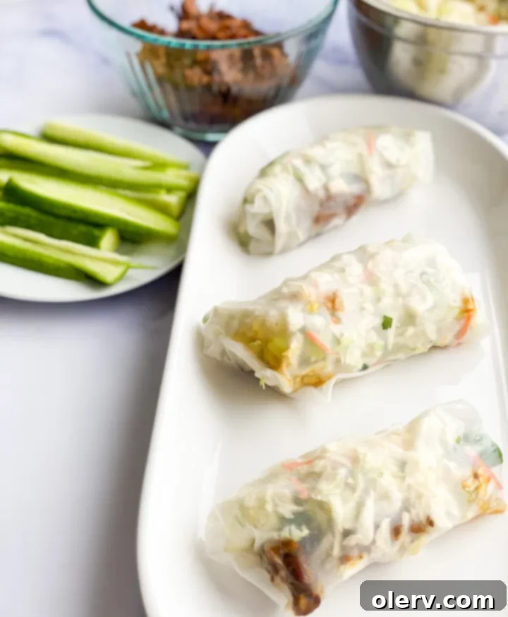 Crispy Chicken Spring Rolls 7 Delicious homemade chicken spring rolls with fresh vegetables, ready to be dipped