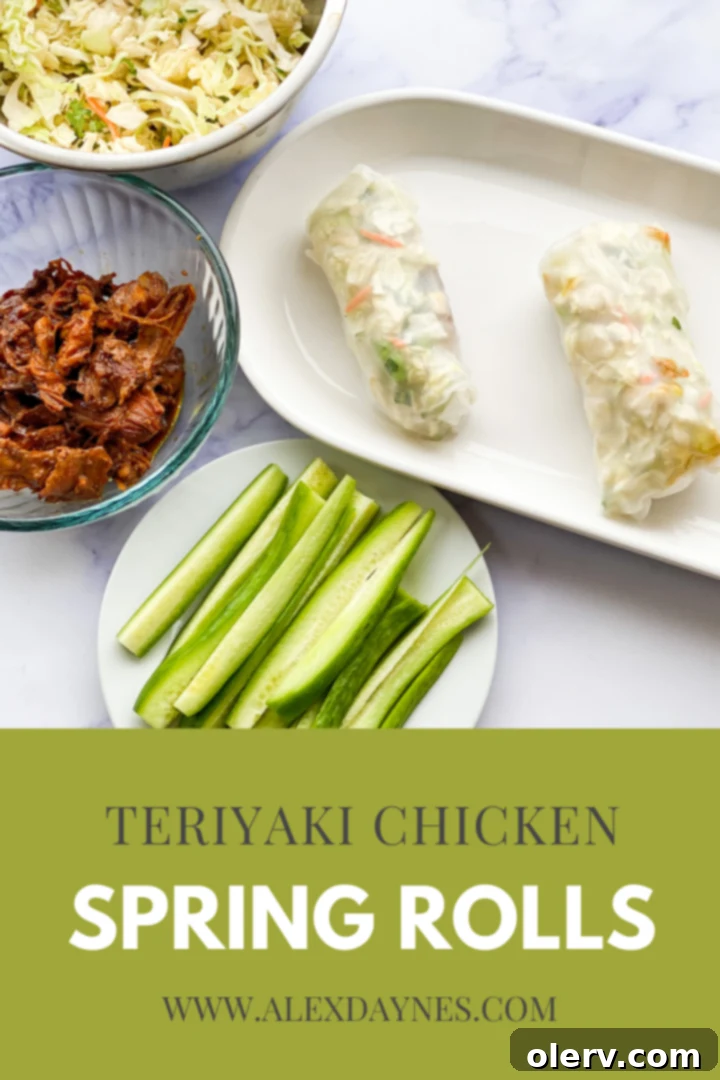 An inviting image of a chicken spring roll platter with peanut sauce for a Pinterest pin