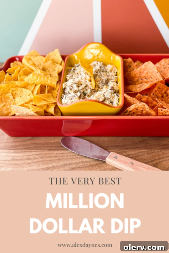 Pinterest graphic for Easy Million Dollar Dip, inviting users to save the recipe on their boards.