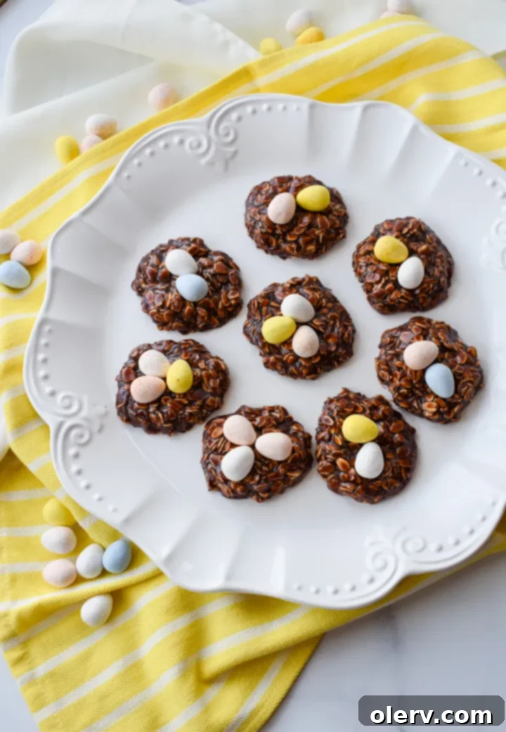 Easy No-Bake Easter Nests 11 No-Bake Easter Nest Cookies with colorful mini Cadbury eggs