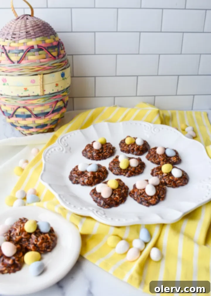 Easy No-Bake Easter Nests 3 Close-up of a homemade No-Bake Easter Nest Cookie, showcasing its texture and the mini Cadbury eggs.