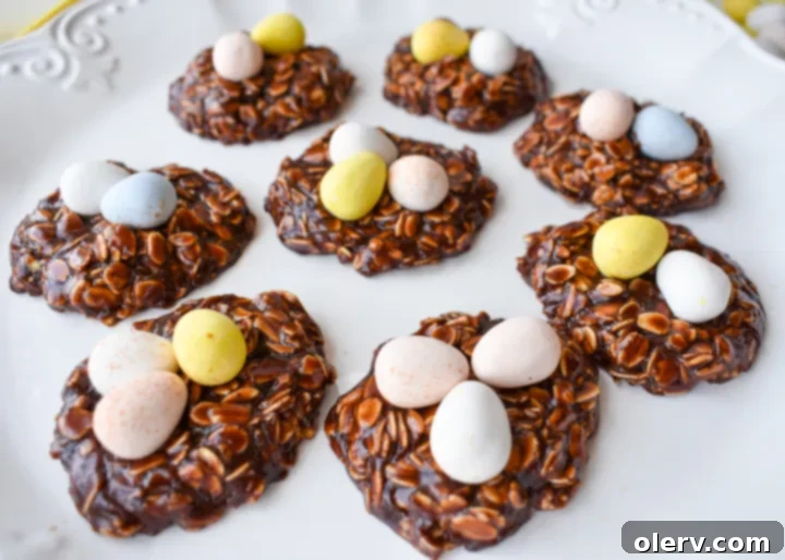 Easy No-Bake Easter Nests 4 Three No-Bake Easter Nest Cookies arranged on a serving plate, highlighting their rustic charm.