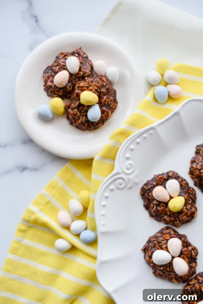 Easy No-Bake Easter Nests 8 A beautifully arranged serving tray with No-Bake Easter Nest Cookies and other festive decorations.