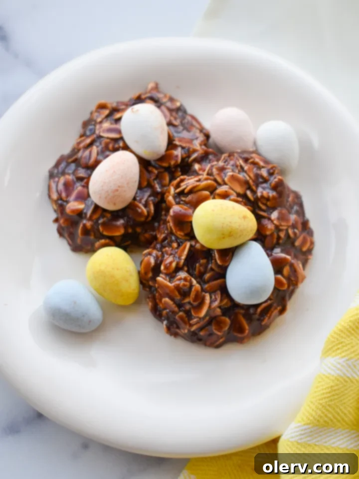 Easy No-Bake Easter Nests 9 A festive image of a single No-Bake Easter Nest Cookie with mini Cadbury eggs.
