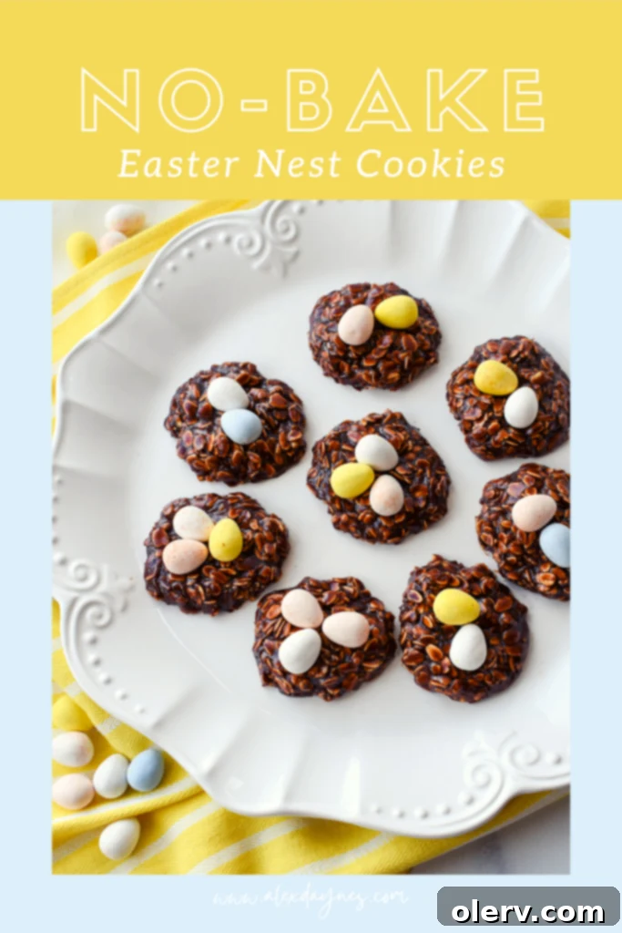 Easy No-Bake Easter Nests 10 Pinterest graphic: 'No-Bake Easter Nest Cookies - Easy Chocolate Peanut Butter Oatmeal Recipe'