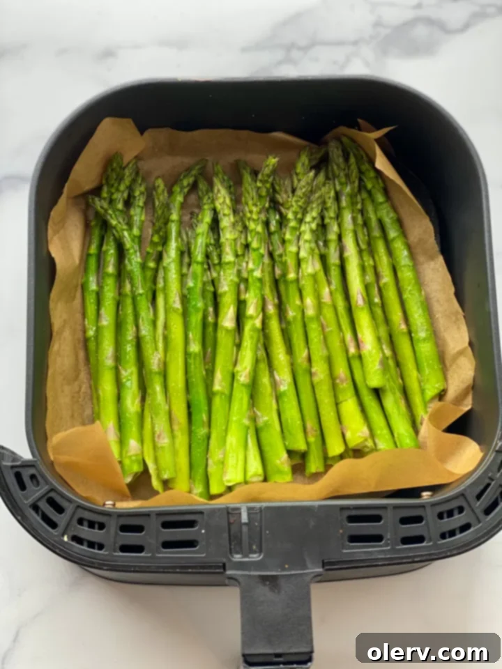 Perfectly Crispy Air Fryer Asparagus 4 Asparagus spears coated in olive oil and seasonings, ready to be placed in an air fryer.