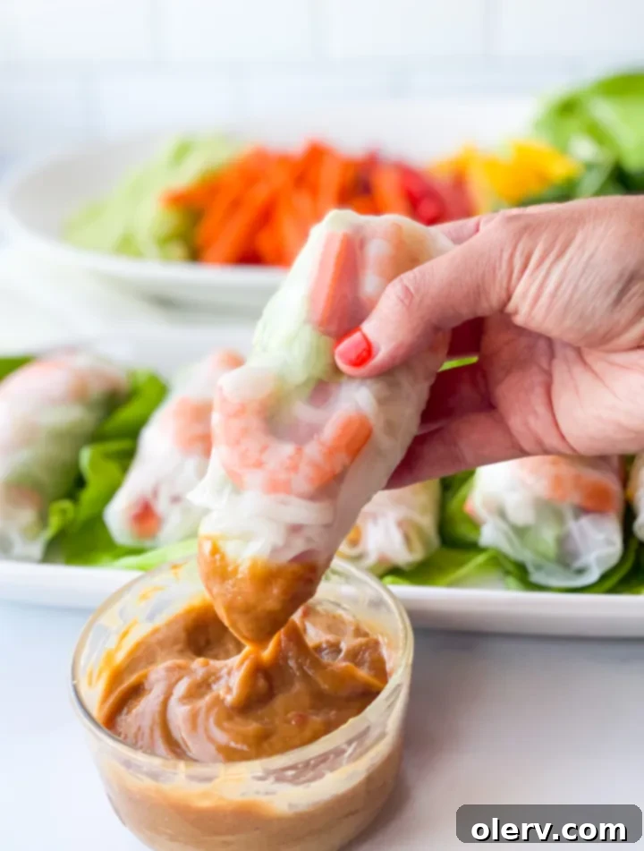 Crispy Homemade Spring Rolls 7 Homemade spring rolls neatly arranged with a small bowl of peanut dipping sauce