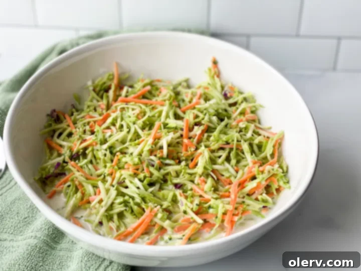 Zesty Broccoli Power Slaw 6 A large serving bowl filled with the finished creamy broccoli slaw salad, garnished and ready for a meal