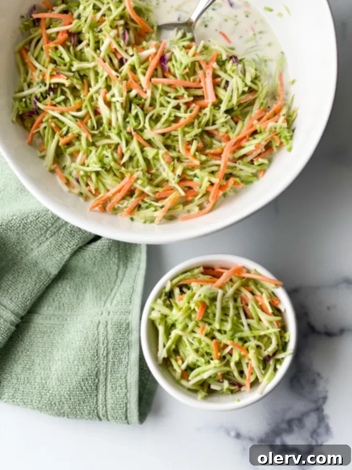 Zesty Broccoli Power Slaw 8 Another angle of the finished broccoli slaw salad, highlighting its fresh texture and creamy coating