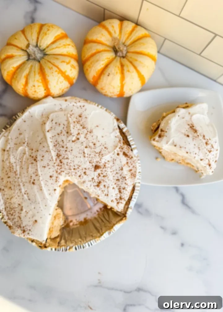 Cloud-Nine Pumpkin Pie 2 Delicious No-Bake Pumpkin Fluff Pie on a serving plate, ready for holiday festivities.
