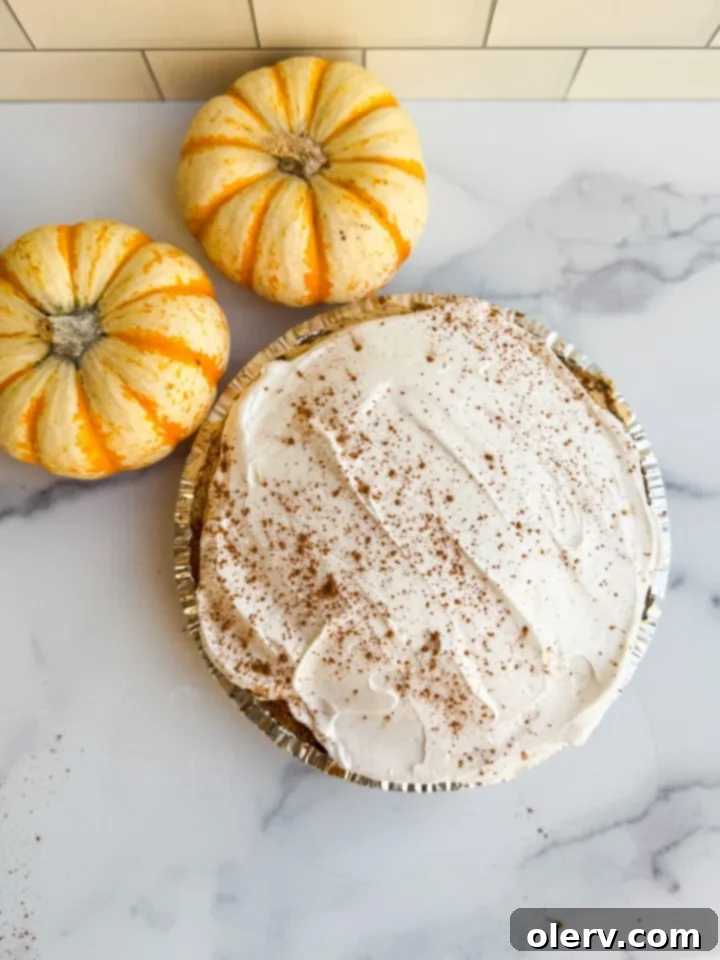 Cloud-Nine Pumpkin Pie 3 A whole No-Bake Pumpkin Fluff Pie, beautifully set and ready to be sliced, decorated with a dollop of whipped cream.