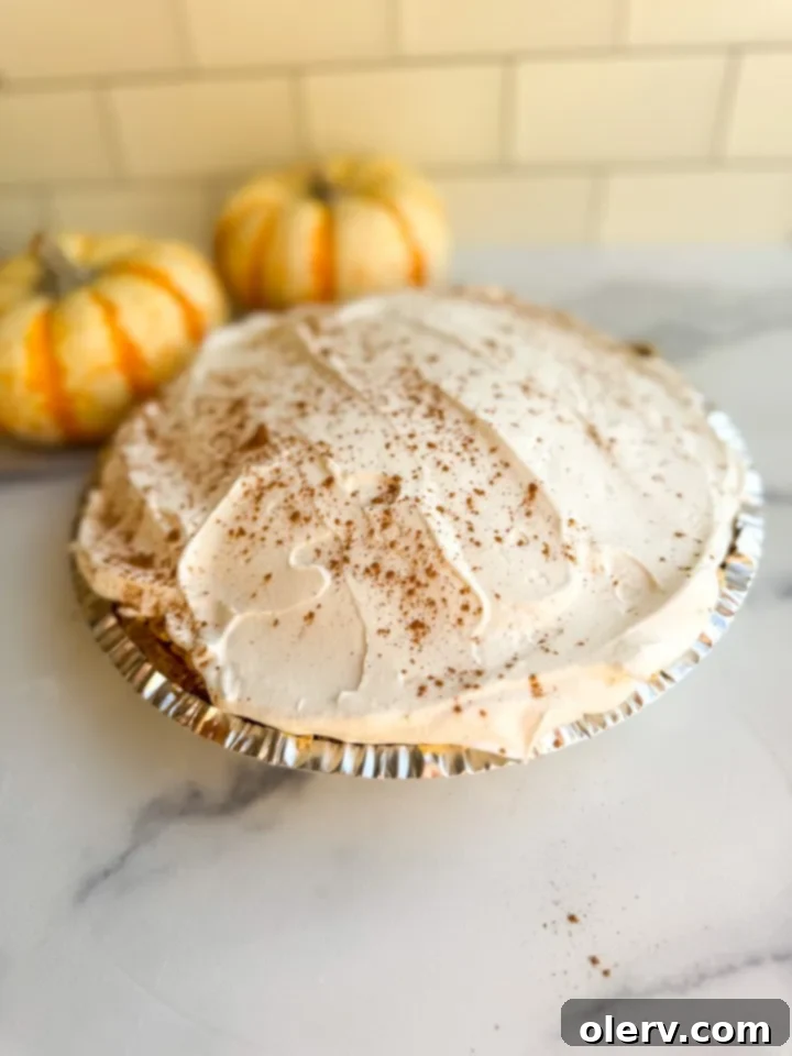 Cloud-Nine Pumpkin Pie 5 The smooth and creamy pumpkin fluff mixture being poured into a graham cracker crust.